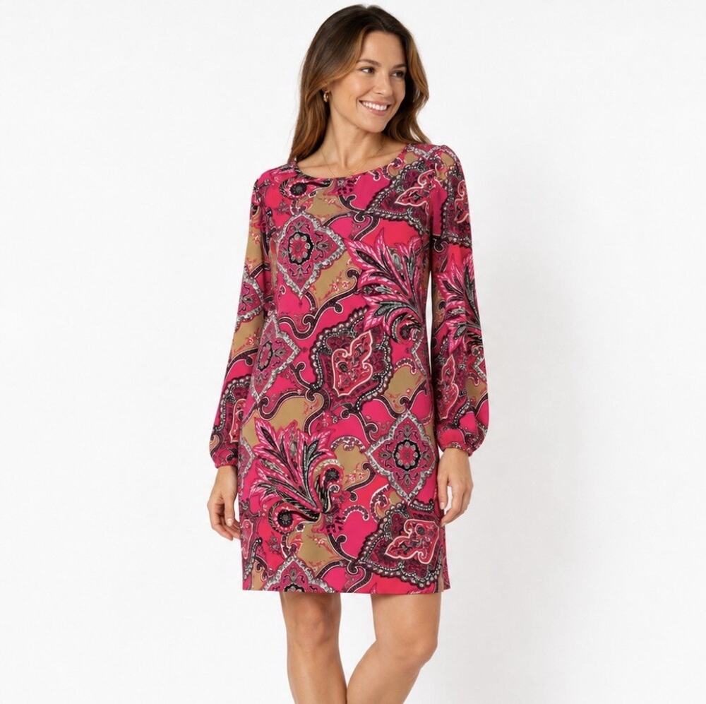 Jude Connally Pink Paisley Shift Dress Women’s Large Long Sleeve Made in USA